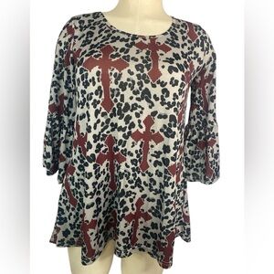 Cowgirl Hardware LS Black, Green and Burgundy Patterned Top Women’s Small